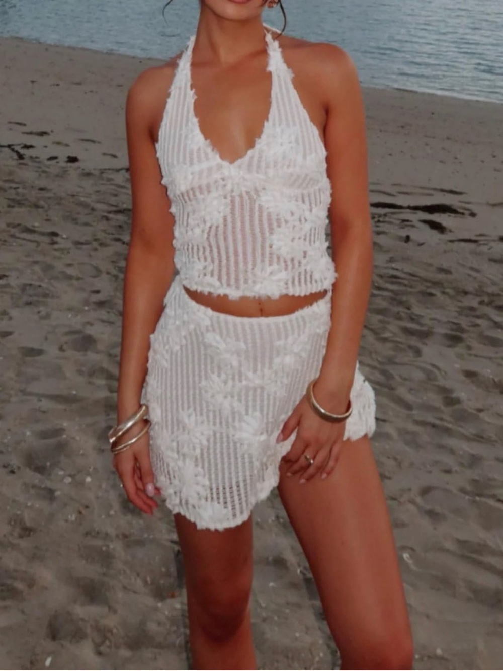 ⭐️ White Crochet and Lace Lined Halter Top & Mini Skirt Set